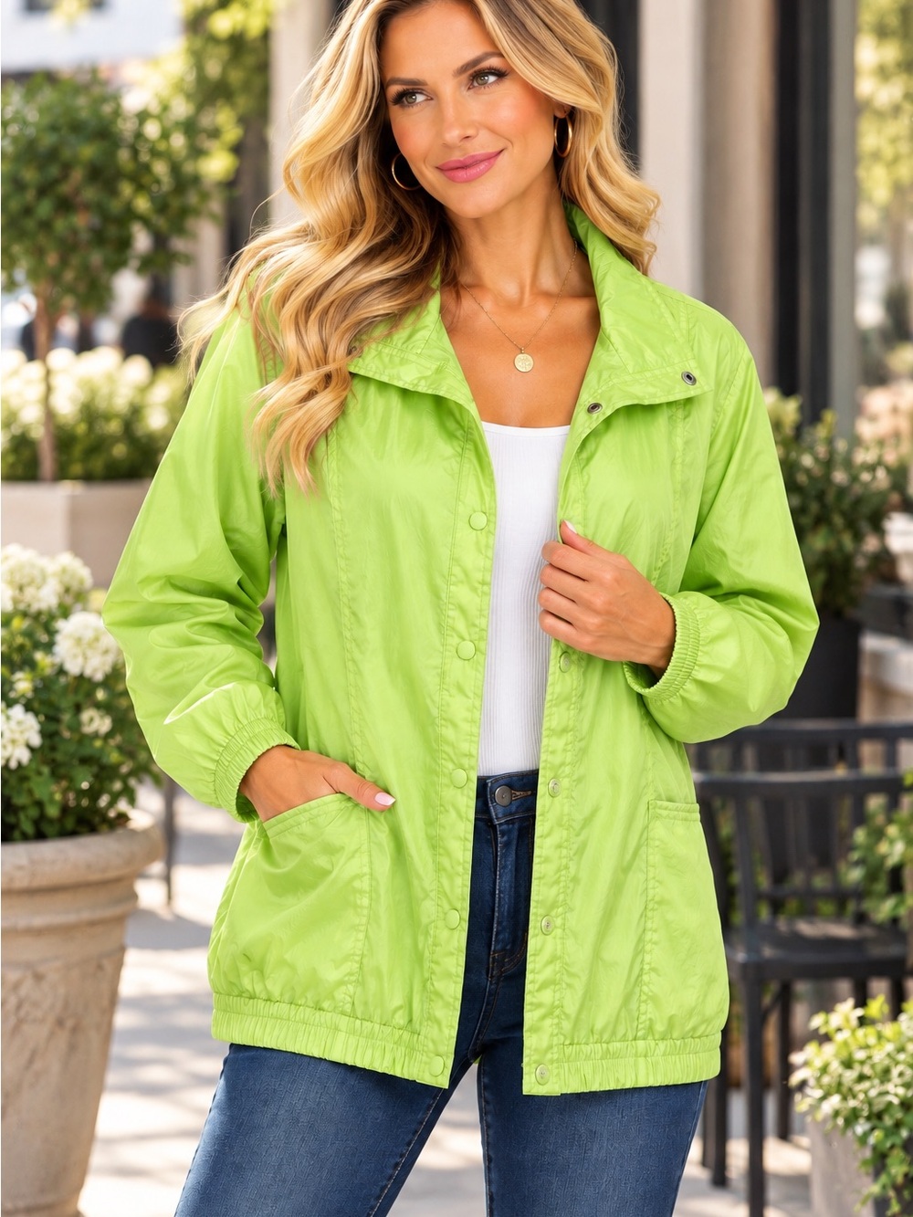 W15 Tudor Court by Haband Lime Green Lightweight Oversized Windbreaker Size L